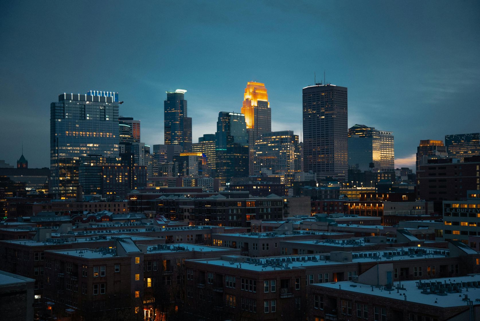 Minneapolis city skyline at night.